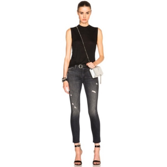 MOTHER STRETCH FADED BLACK DISTRESSED CRASH BURN LOOKER ANKLE FRAY SKINNY JEANS - Picture 3 of 13